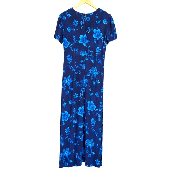 Vintage 90s DONNA RICCO Size 4 Navy Blue Floral Short Sleeve Back Zip Midi Dress - Picture 5 of 9